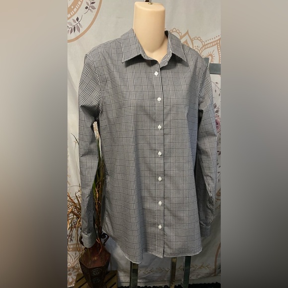 Lands’ End No-Iron 100% Supima Cotton Blouse Black White Gingham Check 10T - Picture 1 of 7